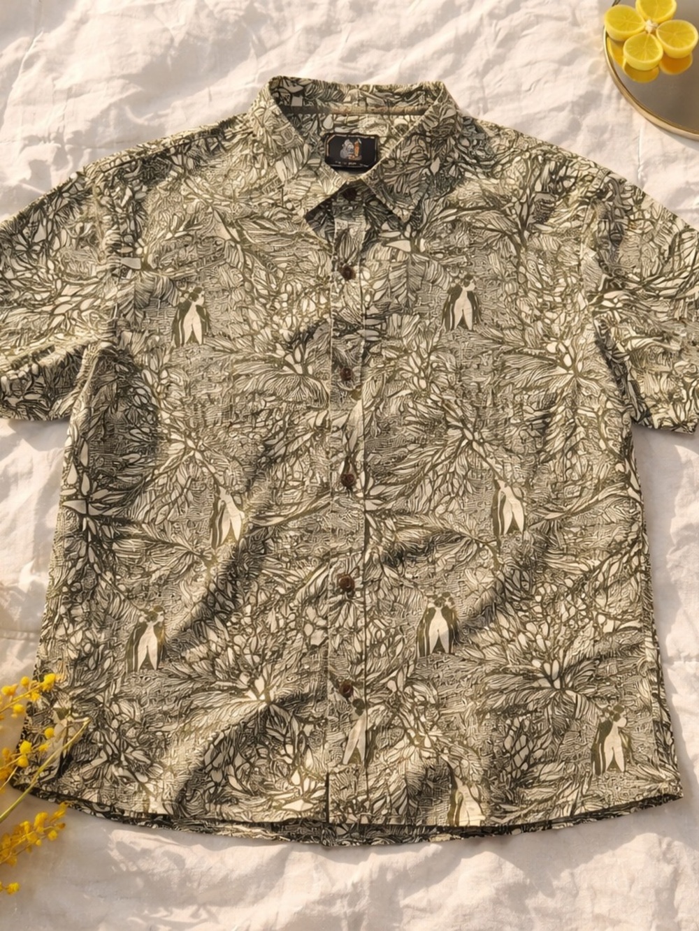 Short-Sleeve Olive Botanical Print Button-Down Shirt